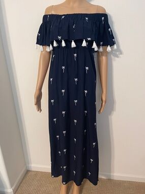 Navy Off-Shoulder Maxi Dress with White Tassels & Palm Trees